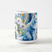 Weiße Katze im Fenster Blick auf den Ozean Kaffeetasse (Mittel)