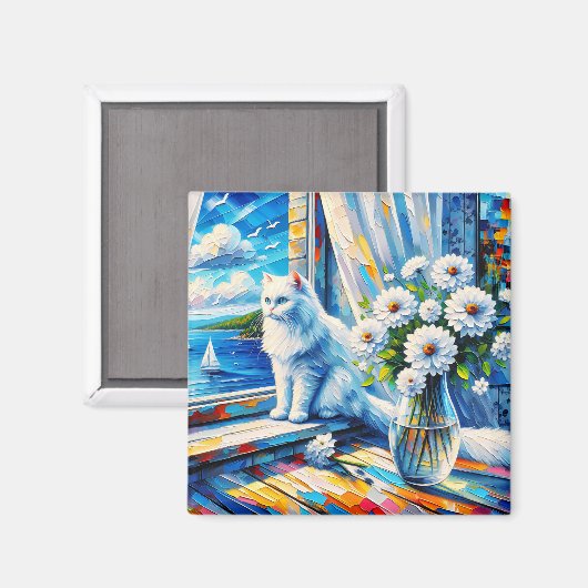 Weiße Katze im Fenster Blick auf den Ozean Magnet (Vorderseite/Rückseite)