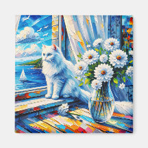 Weiße Katze im Fenster Blick auf den Ozean