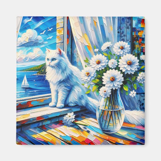 Weiße Katze im Fenster Blick auf den Ozean Magnet (Vorne)