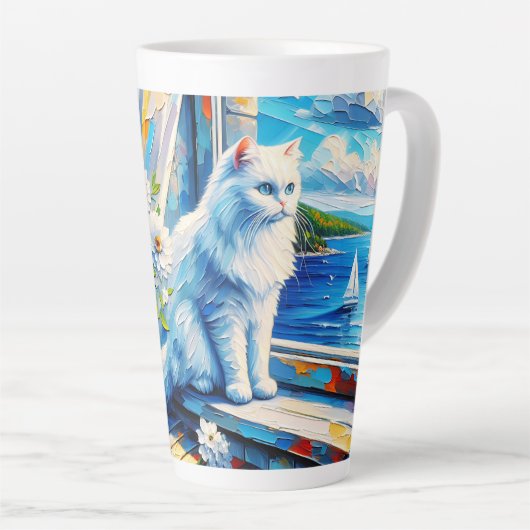Weiße Katze im Fenster Blick auf den Ozean Milchtasse (Rechte Ecke)