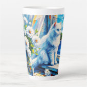 Weiße Katze im Fenster Blick auf den Ozean Milchtasse (Vorderseite)