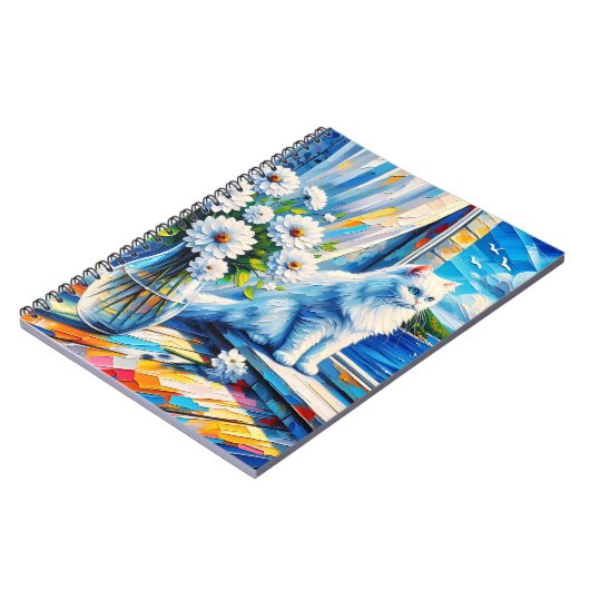 Weiße Katze im Fenster Blick auf den Ozean Notizblock (Linke Seite)