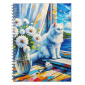 Weiße Katze im Fenster Blick auf den Ozean Notizblock (Vorderseite)