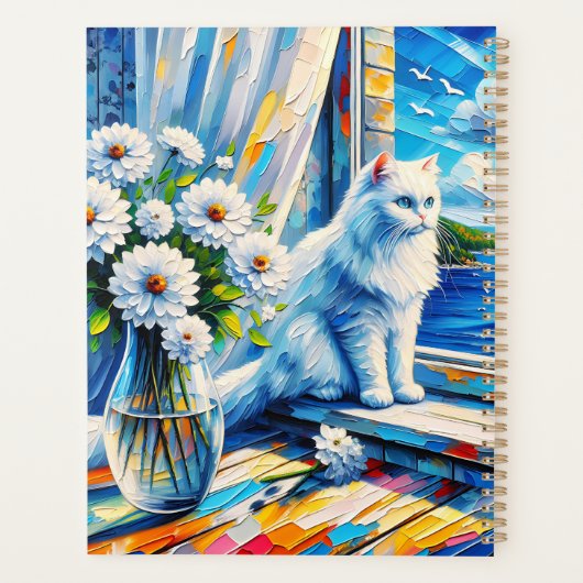 Weiße Katze im Fenster Blick auf den Ozean Planer (Rückseite)