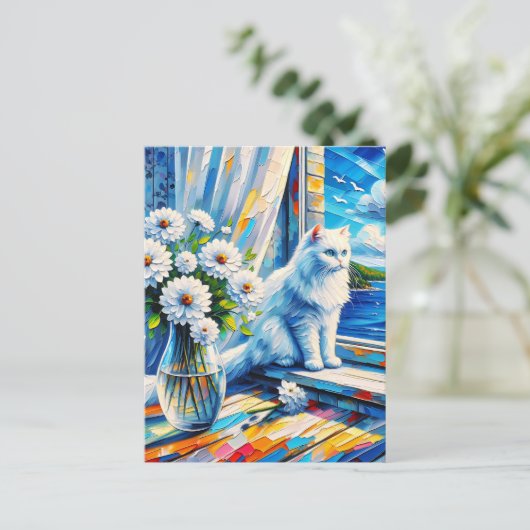 Weiße Katze im Fenster Blick auf den Ozean Postkarte (Stehend Vorderseite)