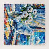 Weiße Katze im Fenster Blick auf den Ozean Puzzle (Horizontal)