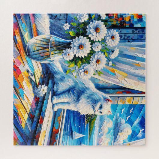 Weiße Katze im Fenster Blick auf den Ozean Puzzle (Horizontal)