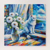 Weiße Katze im Fenster Blick auf den Ozean Puzzle (Vertikal)