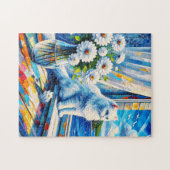 Weiße Katze im Fenster Blick auf den Ozean Puzzle (Horizontal)