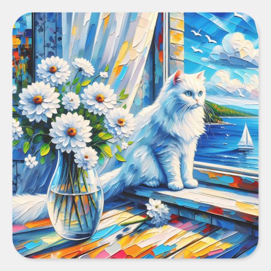 Weiße Katze im Fenster Blick auf den Ozean Quadratischer Aufkleber (Vorderseite)