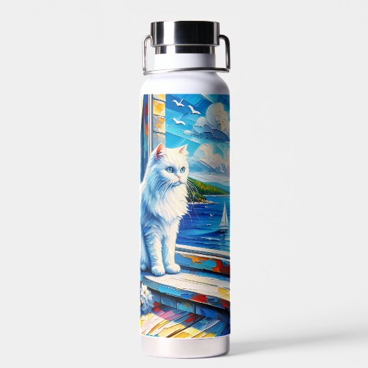 Weiße Katze im Fenster Blick auf den Ozean Trinkflasche (Rückseite)