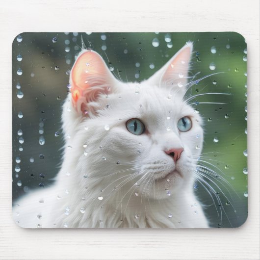 Weiße Katze im Regenfenster Mousepad (Vorne)