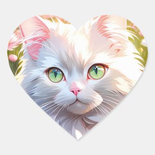 Weiße Katze in Blume AI Art Herz-Aufkleber
