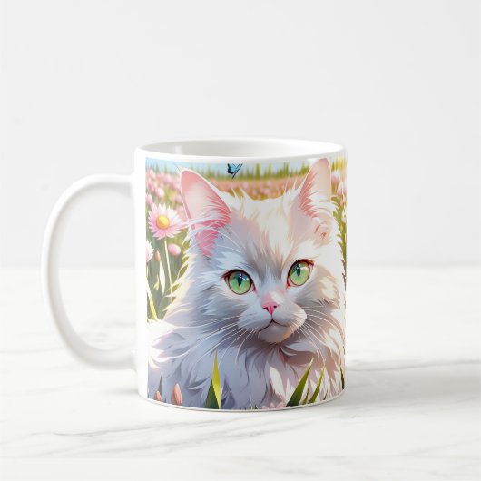 Weiße Katze in Blume AI Art Kaffeetasse (Links)