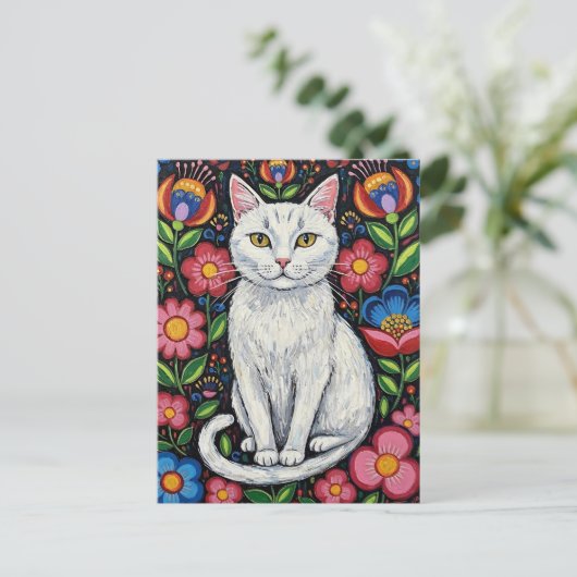 Weiße Katze in Blume des farbenfrohen Volkes Postkarte (Stehend Vorderseite)