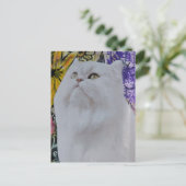 Weiße Katze in Blumen Collage Postkarte (Stehend Vorderseite)