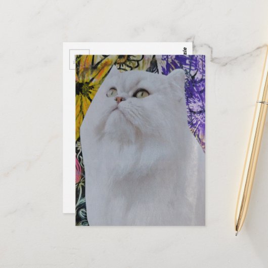 Weiße Katze in Blumen Collage Postkarte (Vorderseite/Rückseite Beispiel)