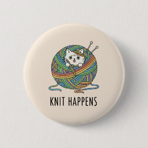 Weiße Katze in buntem Garn, spinnend Button