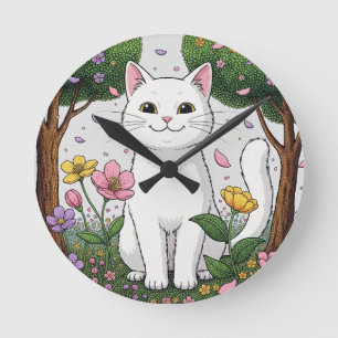 Weiße Katze in einem farbenfrohen Garten Runde Wanduhr