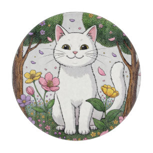 Weiße Katze in einem farbenfrohen Garten Schneidebrett