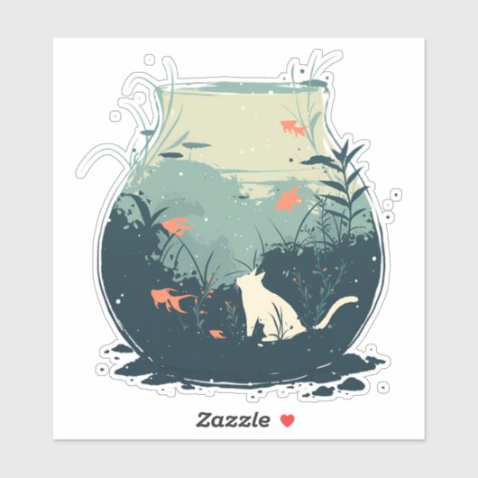 Weiße Katze in einer Fischschüssel gefangen Aufkleber (Blatt)