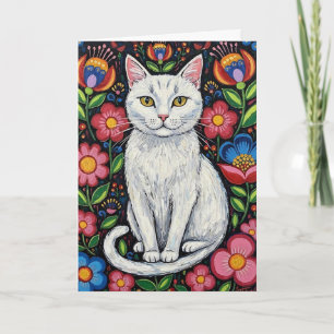 Weiße Katze in farbenfrohen volkstümlichen Blumen Karte