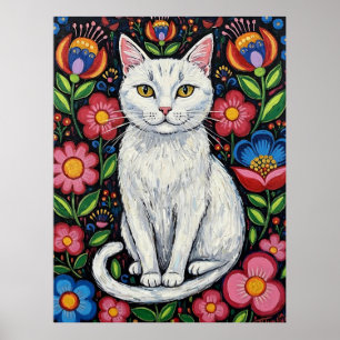 Weiße Katze in farbenfrohen volkstümlichen Blumen Poster