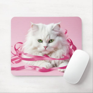 Weiße Katze in rosa Ribbons geknackt Mousepad