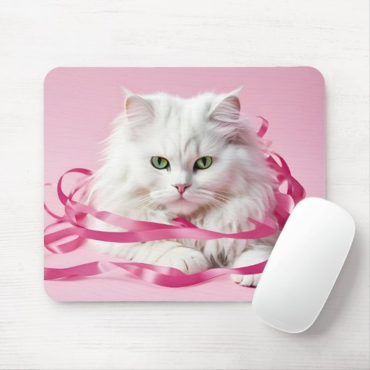 Weiße Katze in rosa Ribbons geknackt Mousepad (Mit Mouse)