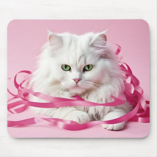 Weiße Katze in rosa Ribbons geknackt Mousepad (Vorne)