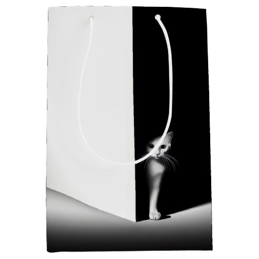 Weiße Katze in schwarzem Schatten Mittlere Geschenktüte (Vorderseite)