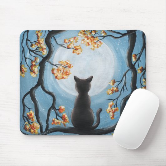 Weiße Katze in Tree Vollmond Blau Mousepad (Mit Mouse)