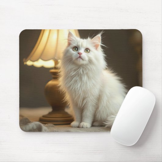 Weiße Katze in wärmer Lampe sitzend Mousepad (Mit Mouse)