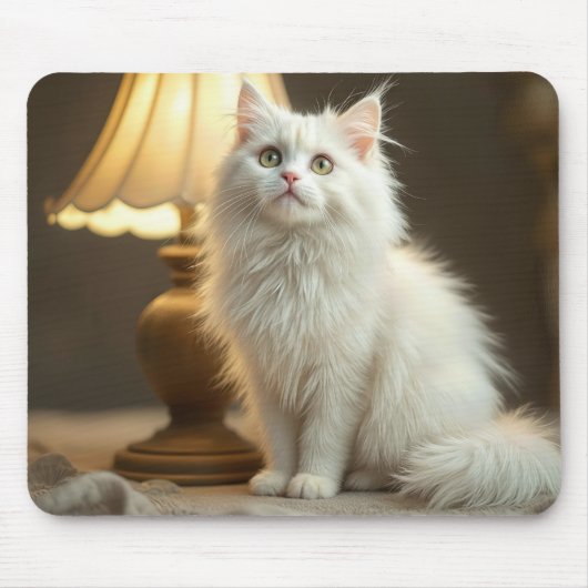 Weiße Katze in wärmer Lampe sitzend Mousepad (Vorne)