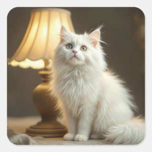 Weiße Katze in wärmer Lampe sitzend Quadratischer Aufkleber