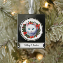 Weiße Katze in Weihnachtskraut Aquarellmalerei,