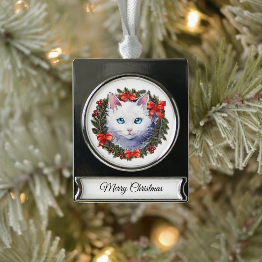 Weiße Katze in Weihnachtskraut Aquarellmalerei, Banner-Ornament Silber (Baum)