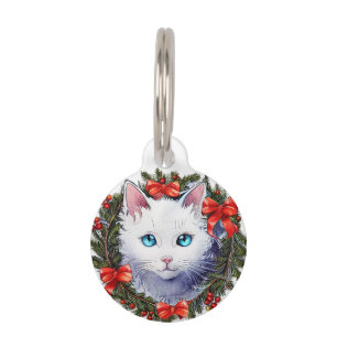 Weiße Katze in Weihnachtskraut Aquarellmalerei, Haustiermarke