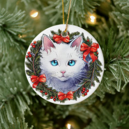 Weiße Katze in Weihnachtskraut Aquarellmalerei, Keramik Ornament