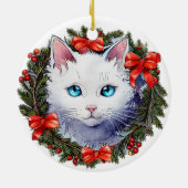 Weiße Katze in Weihnachtskraut Aquarellmalerei, Keramik Ornament (Hinten)