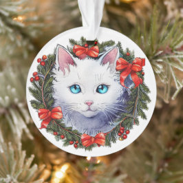 Weiße Katze in Weihnachtskraut Aquarellmalerei, Ornament