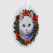 Weiße Katze in Weihnachtskraut Aquarellmalerei, Ornament (Vorderseite)