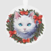 Weiße Katze in Weihnachtskraut Aquarellmalerei, Ornament (Rückseite)