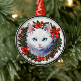 Weiße Katze in Weihnachtskraut Aquarellmalerei, Ornament Aus Metall