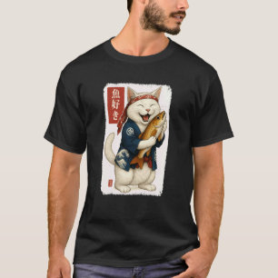 Weiße Katze Japanische Kanji Fische Japan Tierlieb T-Shirt