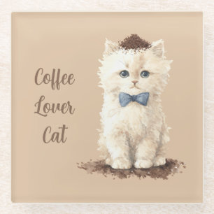 Weiße Katze mit blauem Schleier, die Kaffee liebt Glasuntersetzer
