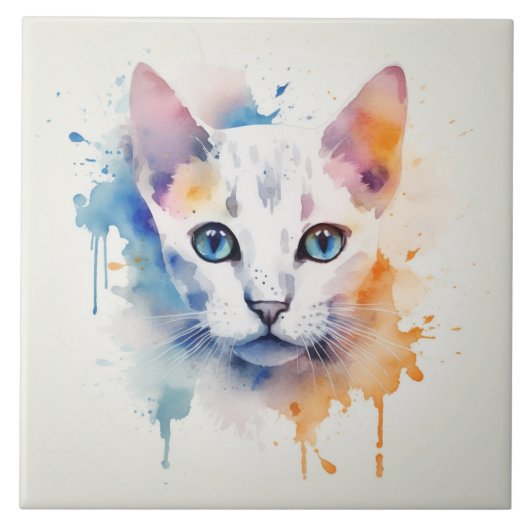 Weiße Katze mit blauen Augen - Aquarellfarbe Fliese (Vorderseite)