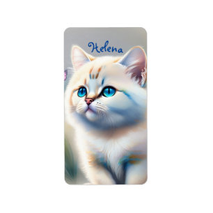 weiße Katze mit blauen Augen Wasserfarbenbild Adressaufkleber
