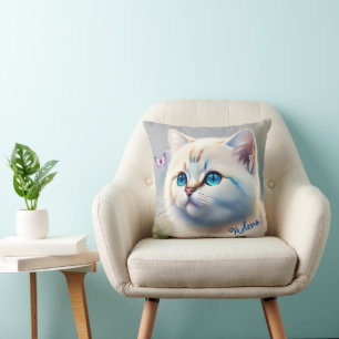 weiße Katze mit blauen Augen Wasserfarbenbild Kissen
